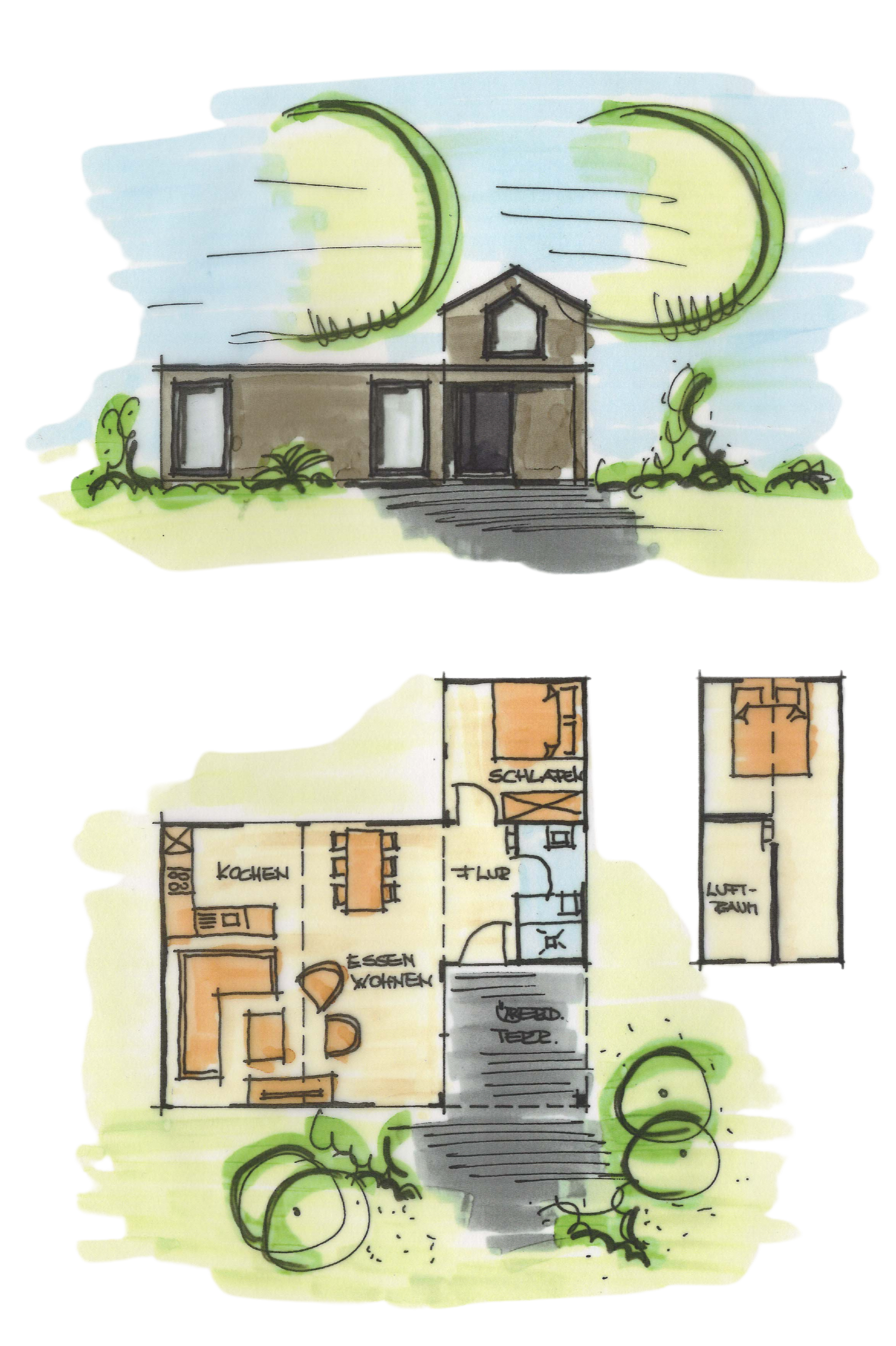 Tiny House Modulhaus mit Schlafebene und überdachter Terrasse